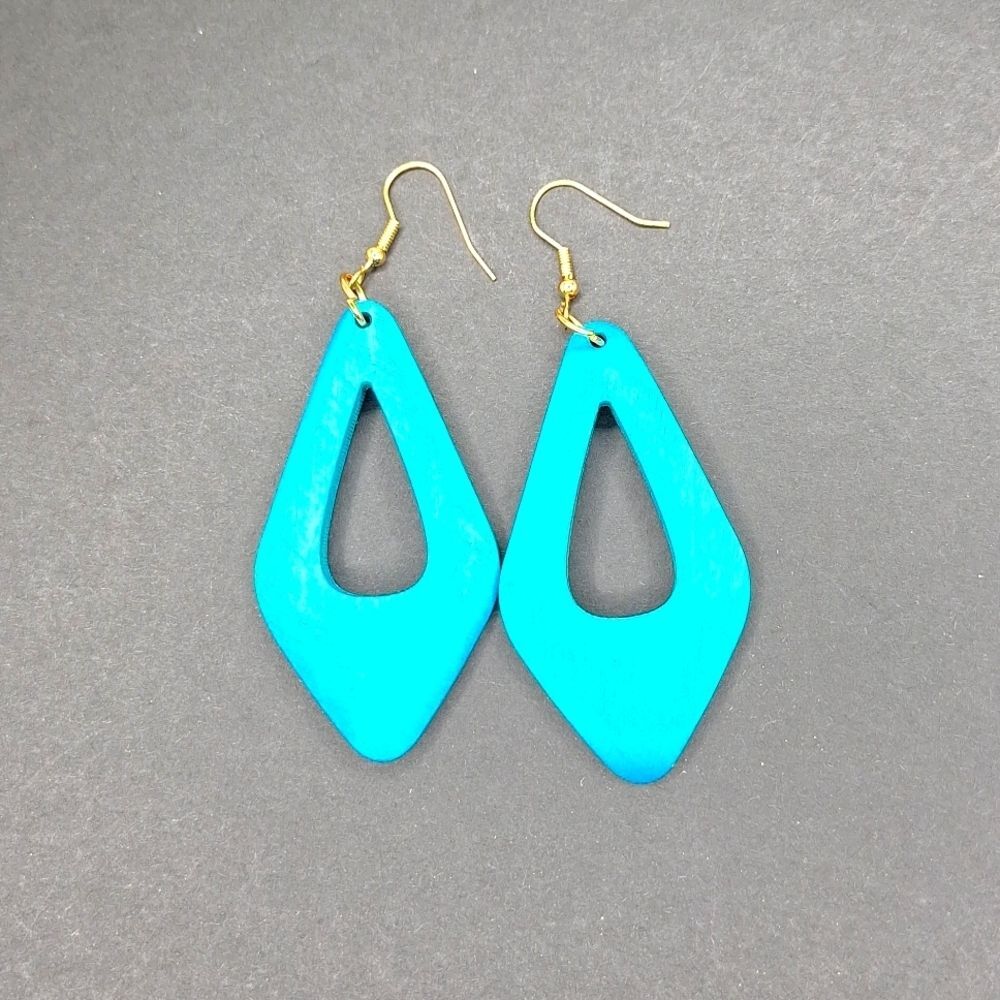 Turquoise blue hollowed earrings wood diamond shape earrings